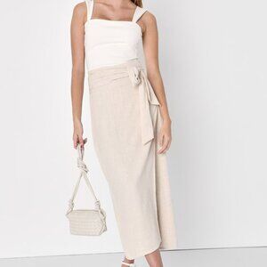 Lulus Breezy Personality Beige Linen Midi Wrap Skirt - Size XXS